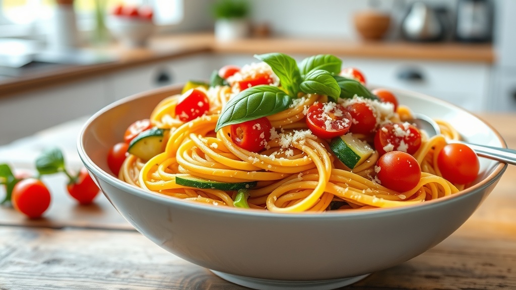 Vibrant Pasta Primavera Recipe A vibrant bowl of Pasta Primavera with spaghetti, colorful vegetables, and fresh basil.